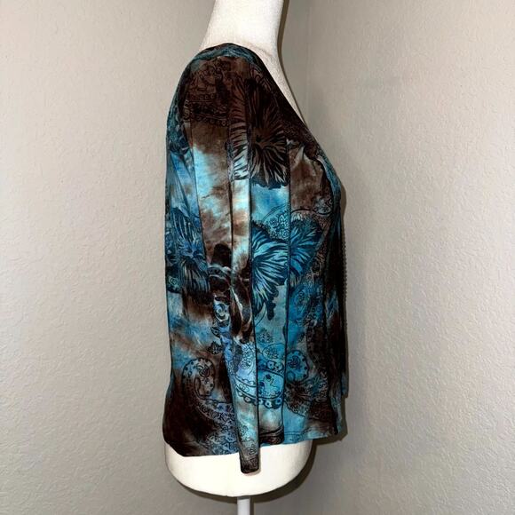 Vintage Y2K Blouse Top Women's Brown Blue Fairy Boho Lace Trim Medium Cottage - Picture 2 of 7